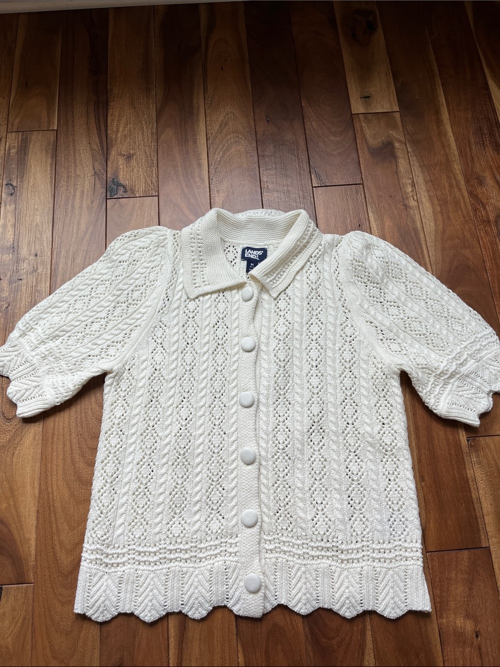 Lands' End Cream Openwork Short-Sleeve Button Cardigan